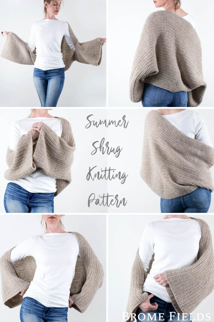 multiple pics of a model wearing an easy Oversized Crop Shrug Sweater knitted in the rib stitch