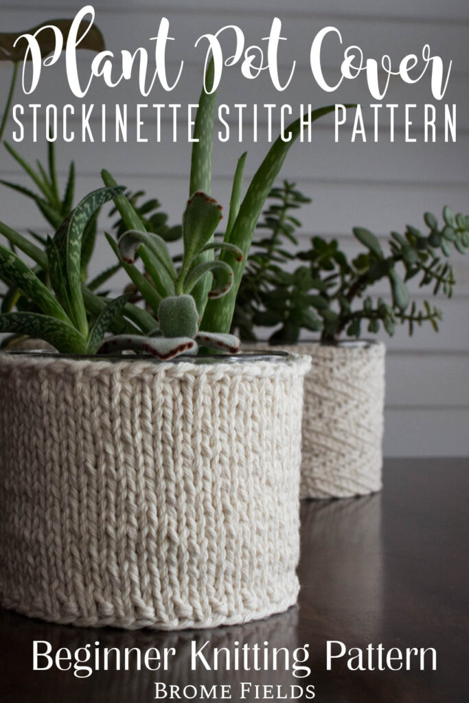pic of a beginner stockinette stitch knitted plant pot holder covering a pot with a plant in it