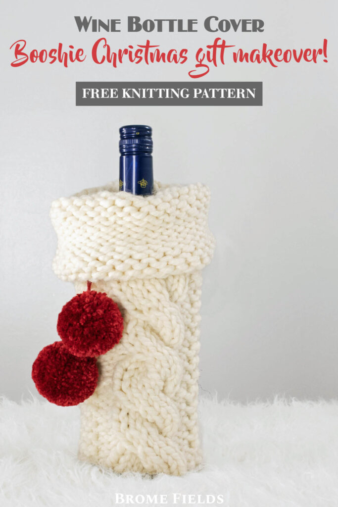 Christmas cable knitted wine bottle cover displayed on a wine bottle.