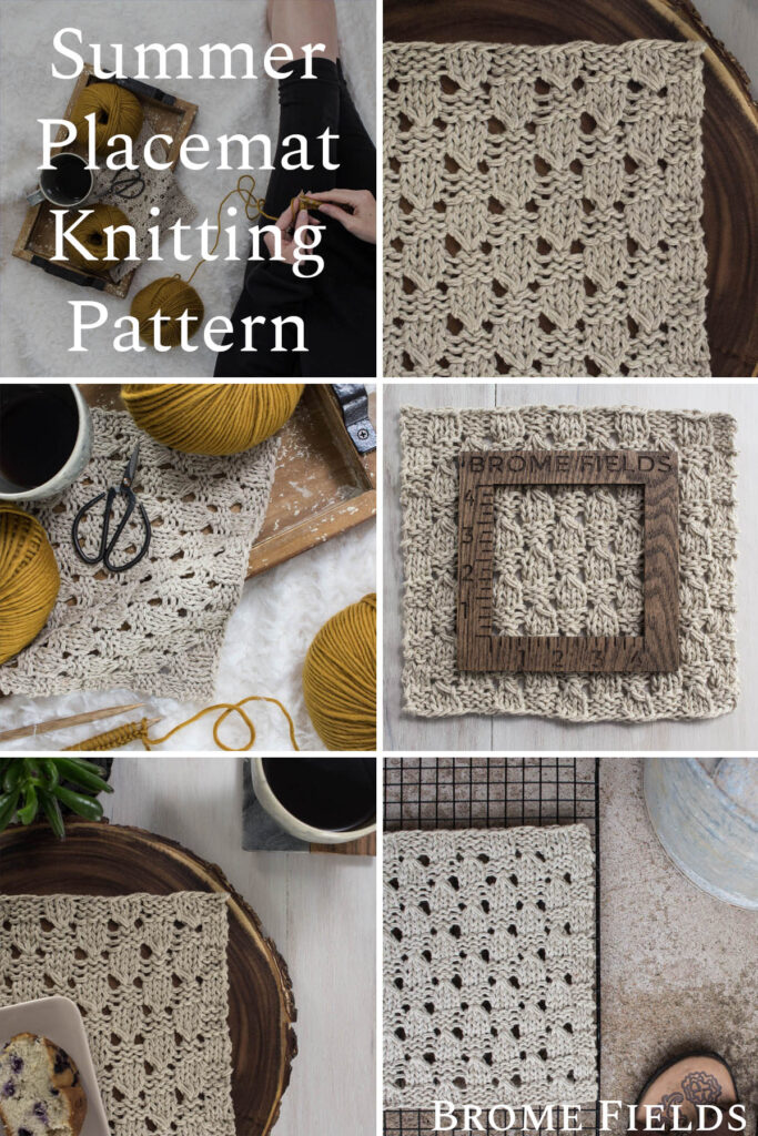 multiple pics of a farmhouse knitted placemat using the checkered lace knit stitch