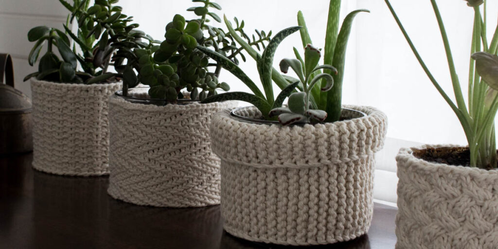 pic of different styles of knitted plant cozies