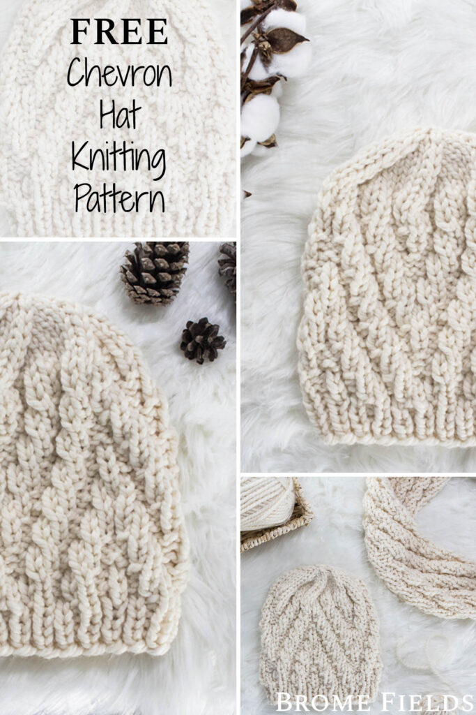 multiple pics of a chevron  knit hat displayed on faux fur blanket