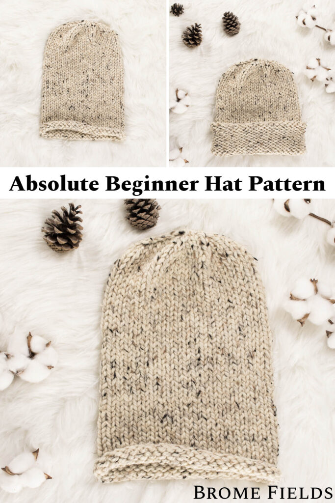 multiple pics of an easy knit hat displayed on faux fur blanket