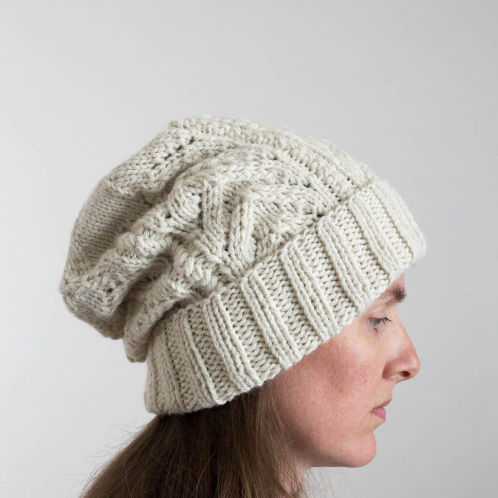model wearing a dk knitted hat