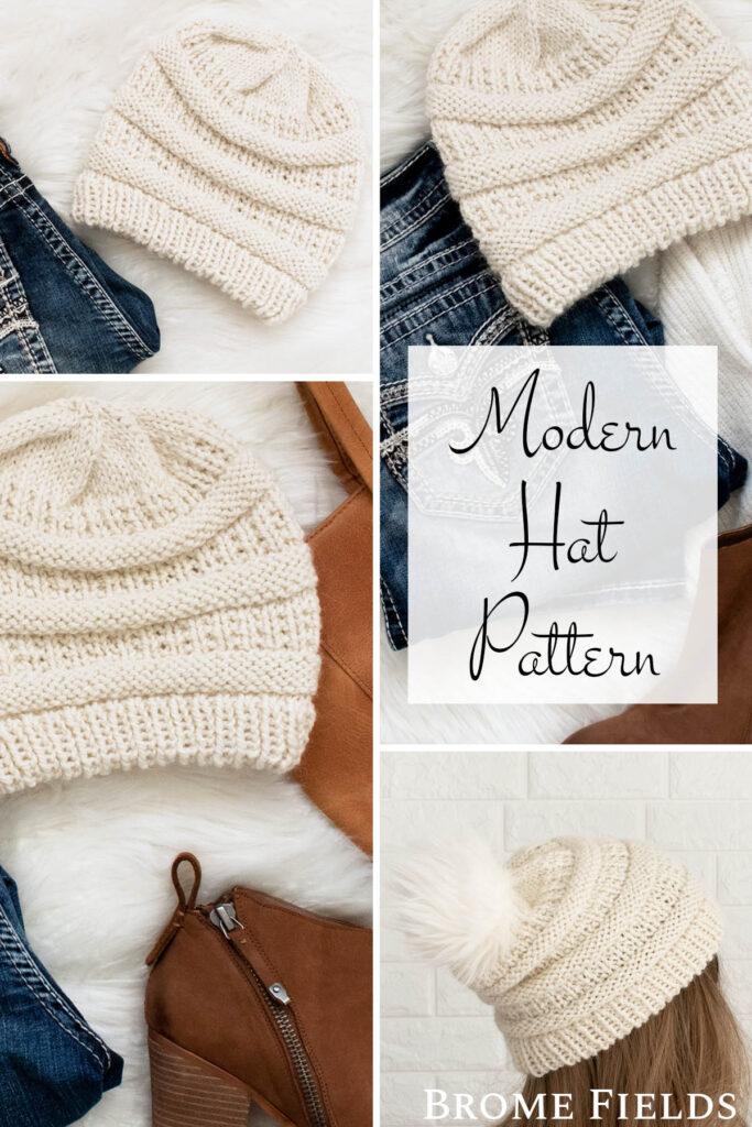 multiple pics of a modern knit hat displayed on faux fur blanket with jeans & boots
