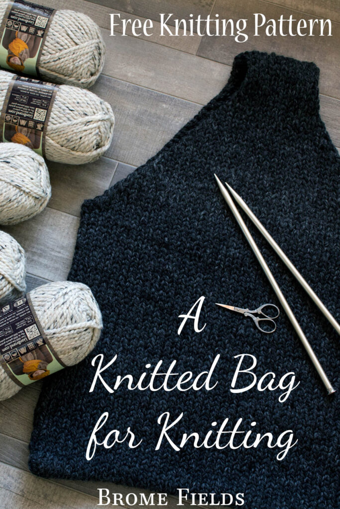 A Knitted Bag for Knitting laying on the floor with 6 skeins of bulky yarn