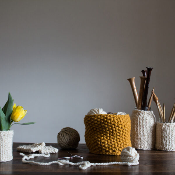 simple seed stitch basket displayed on a table