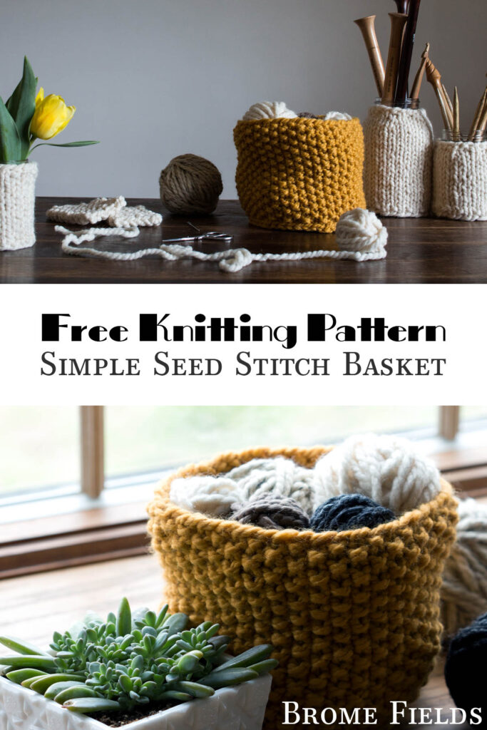 multiple pics of a simple seed stitch basket displayed on a table
