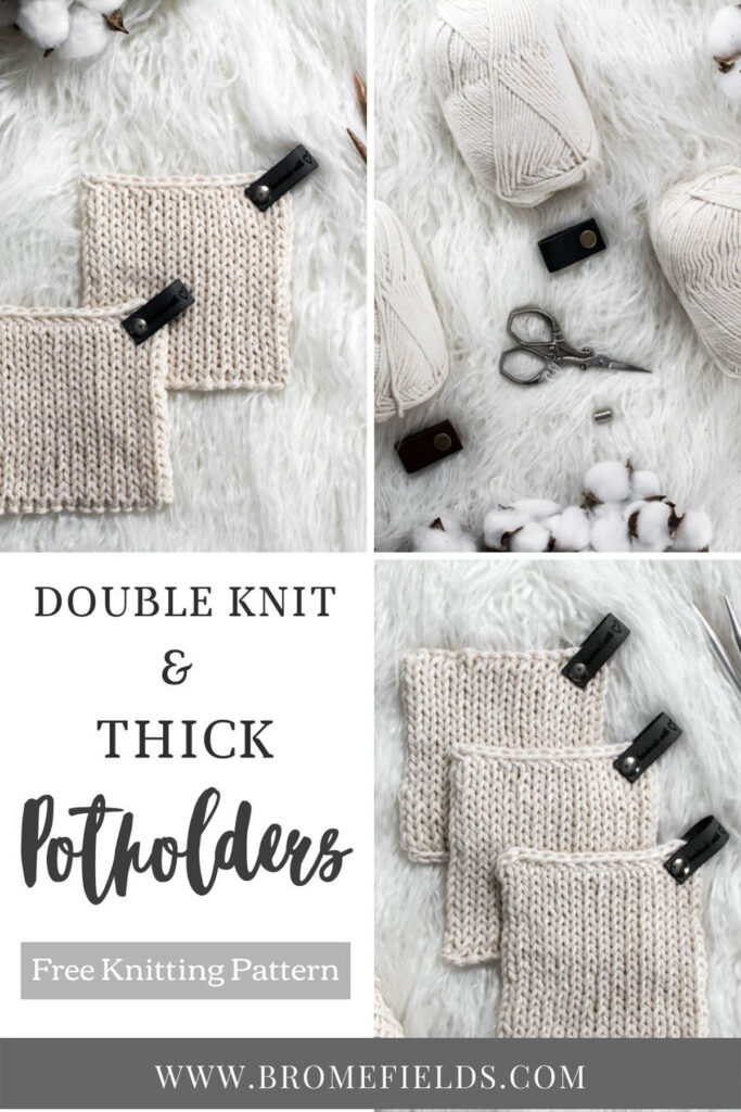 3 hand knit potholders displayed on a faux fur rug