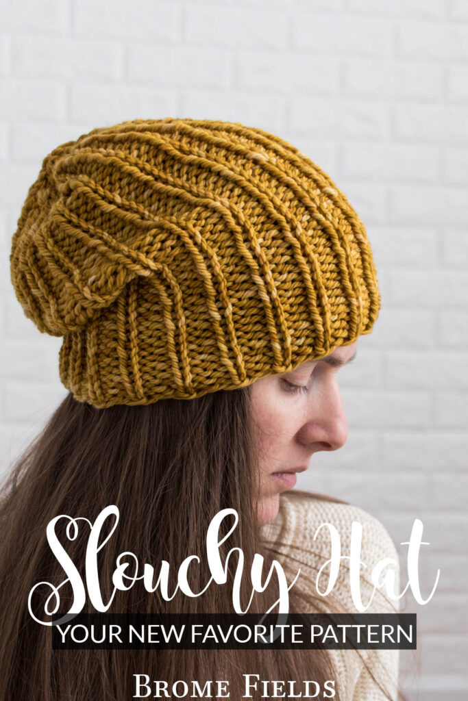 model wearing a simple slouchy knitted beanie hat