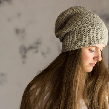 model wearing unique knitted slouchy hat