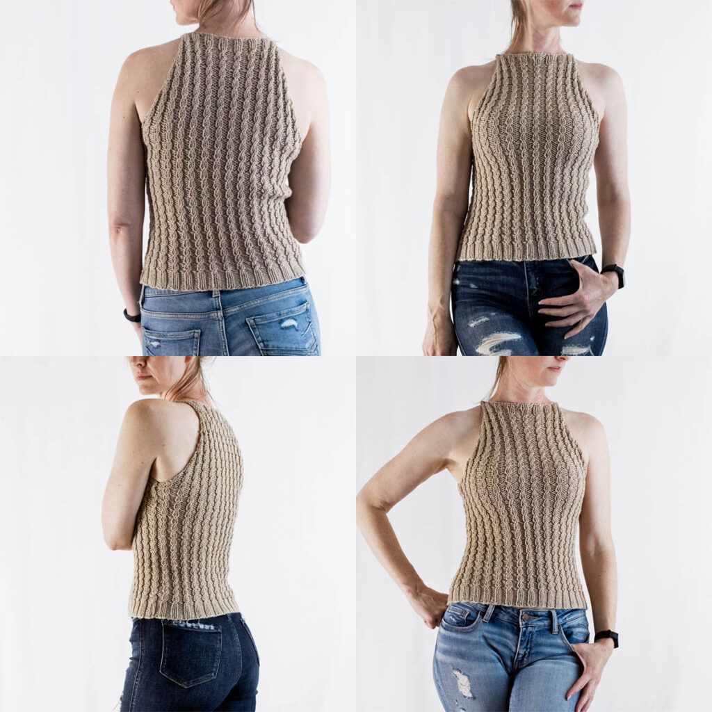 multiple pics of a faux cable knit tank top on a model