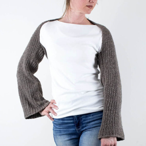 model wearing a wool ribbed crop shrug