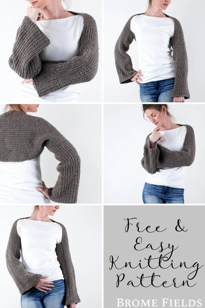 multiple pics of a model wearing a wool ribbed crop shrug